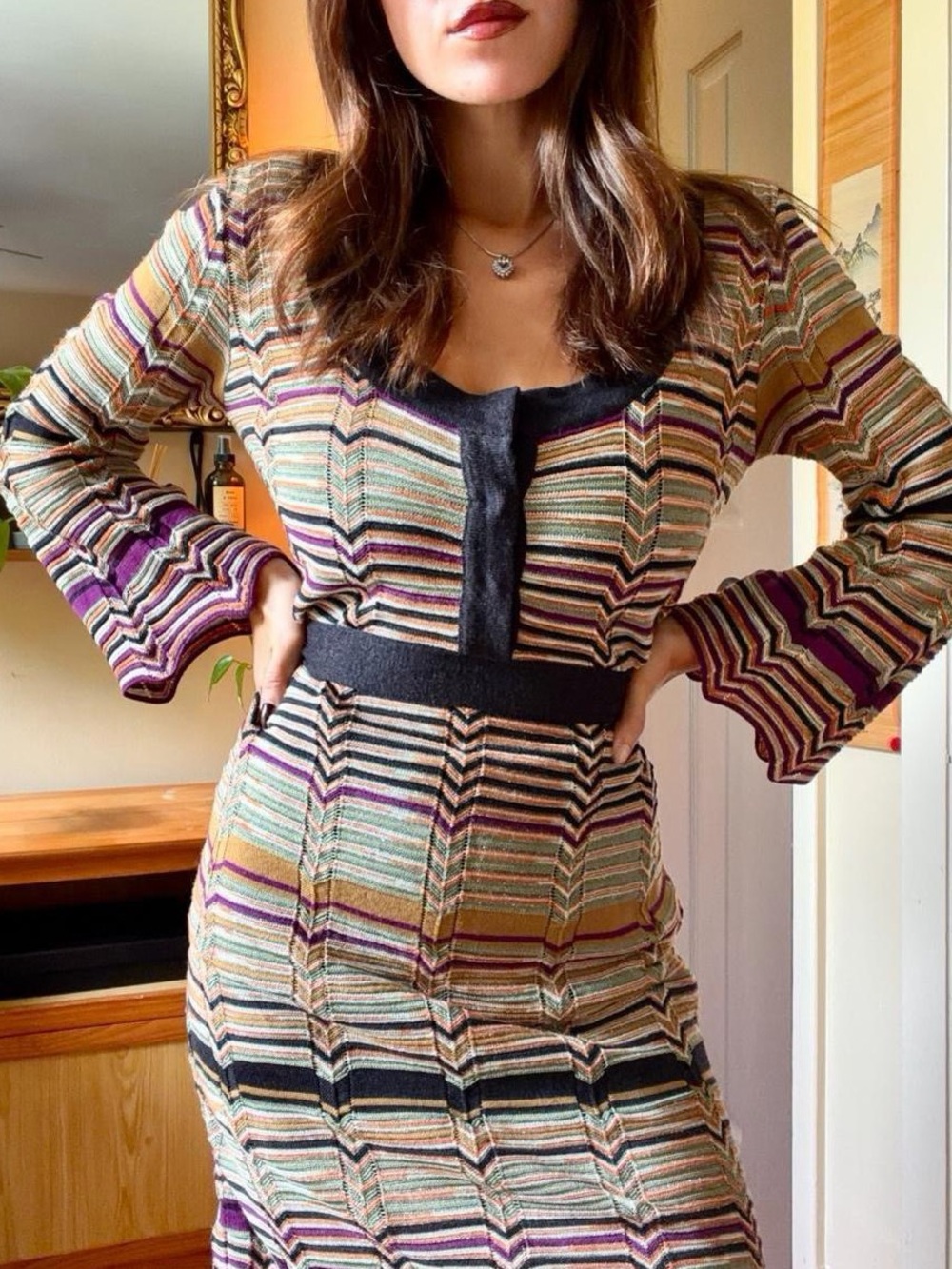 M by Missoni Striped Knit Midi Dress in Black, Purple, Green, Gold